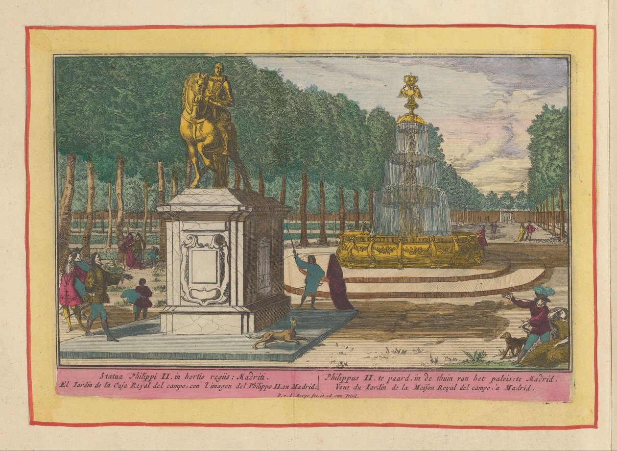 Estátua equestre de Filipe II no jardim do palácio em Madrid
Filipe II a cavalo, no jardim do palácio em Madrid (título sobre o objecto)
Theatrum Hispaniae (...) (título da série) de Pieter van den Berge