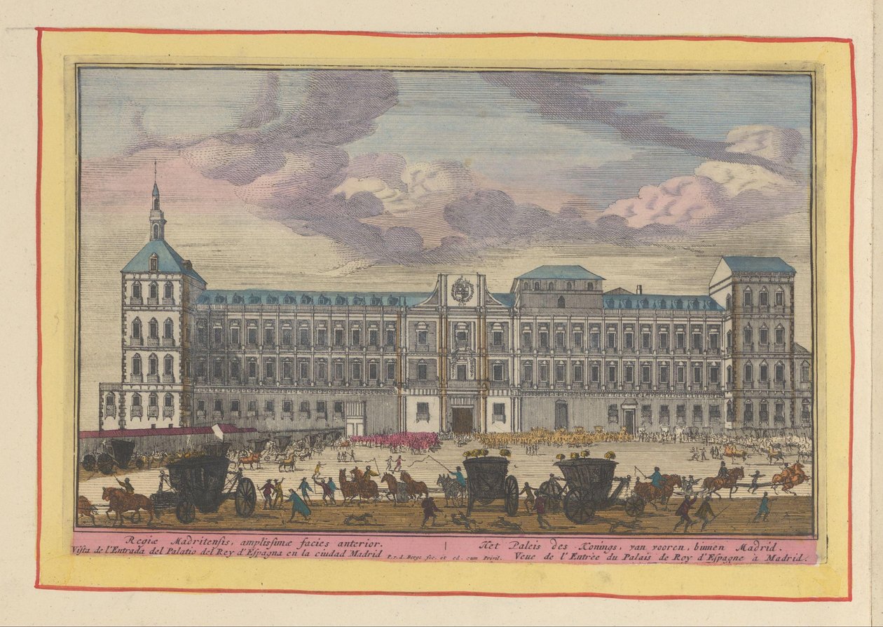 Vista frontal do Palácio Real em Madrid
O Palácio do Rei, de frente, dentro de Madrid (título sobre o objecto)
Theatrum Hispaniae (...) (título da série) de Pieter van den Berge