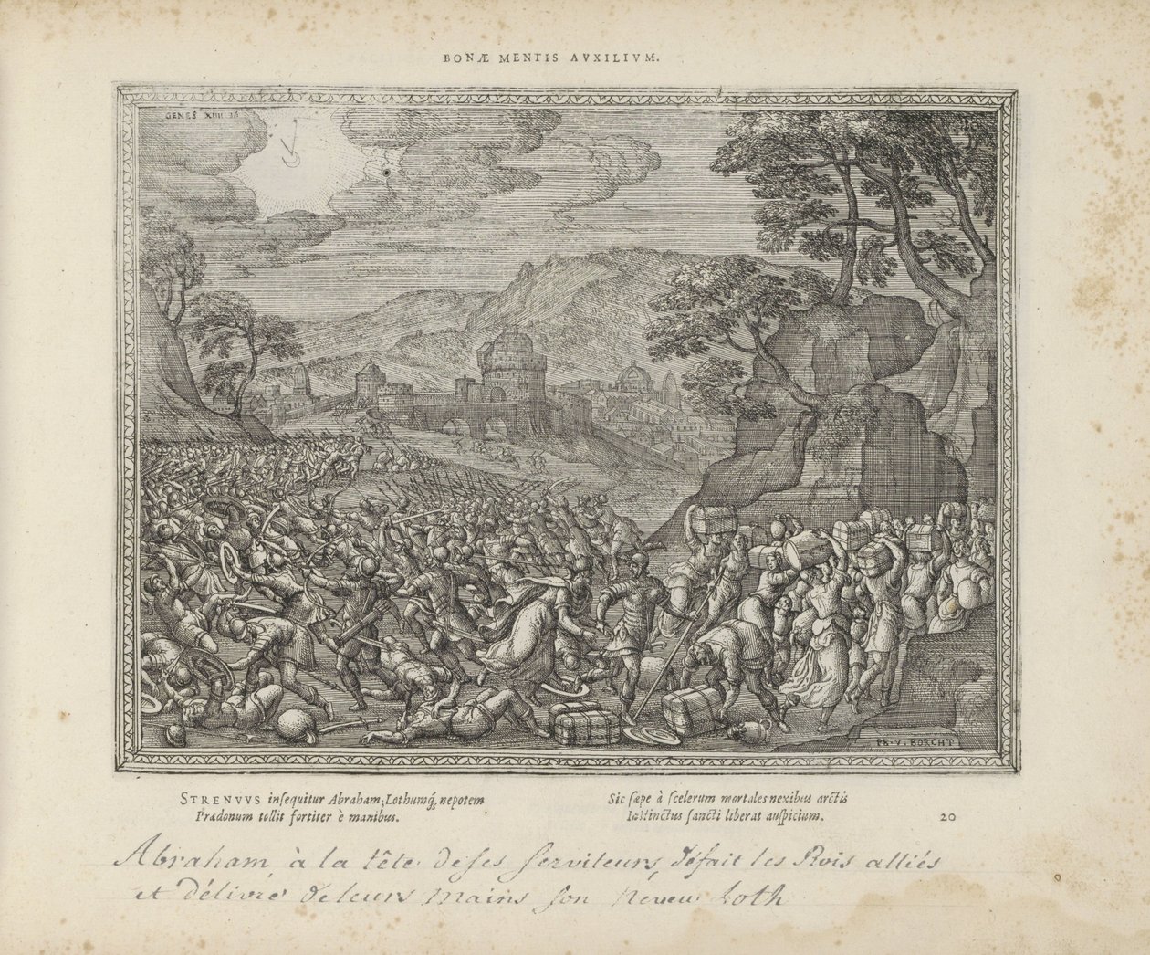 Abraham bevrijdt Lot
Bonae mentis auxilium (título sobre o objecto)
Emblemata Sacra è praecipuis utriusque testamenti utriusque historiis concinnata (Testamento Oude) (título da série)
Imagines et figurae bibliorum (título da série) de Pieter van der Borcht (I)