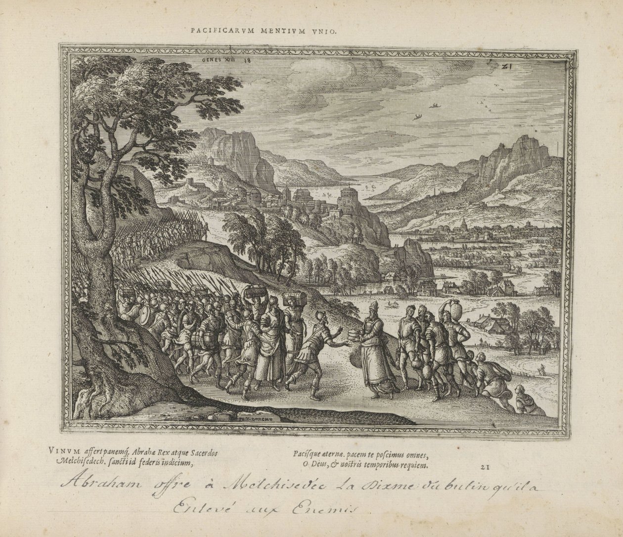Abrahams ontmoeting conheceu Melchisedek
Pacificarum mentium unio (título sobre o objecto)
Emblemata Sacra è praecipuis utriusque testamenti utriusque historiis concinnata (Testamento Oude) (título da série)
Imagines et figurae bibliorum (título da séri de Pieter van der Borcht (I)