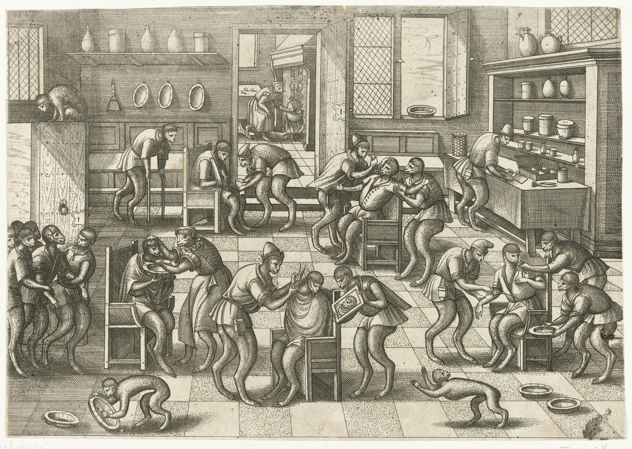 Loja de barbeiros e cirurgiões Jogo do macaco (título da série) de Pieter van der Borcht (I)