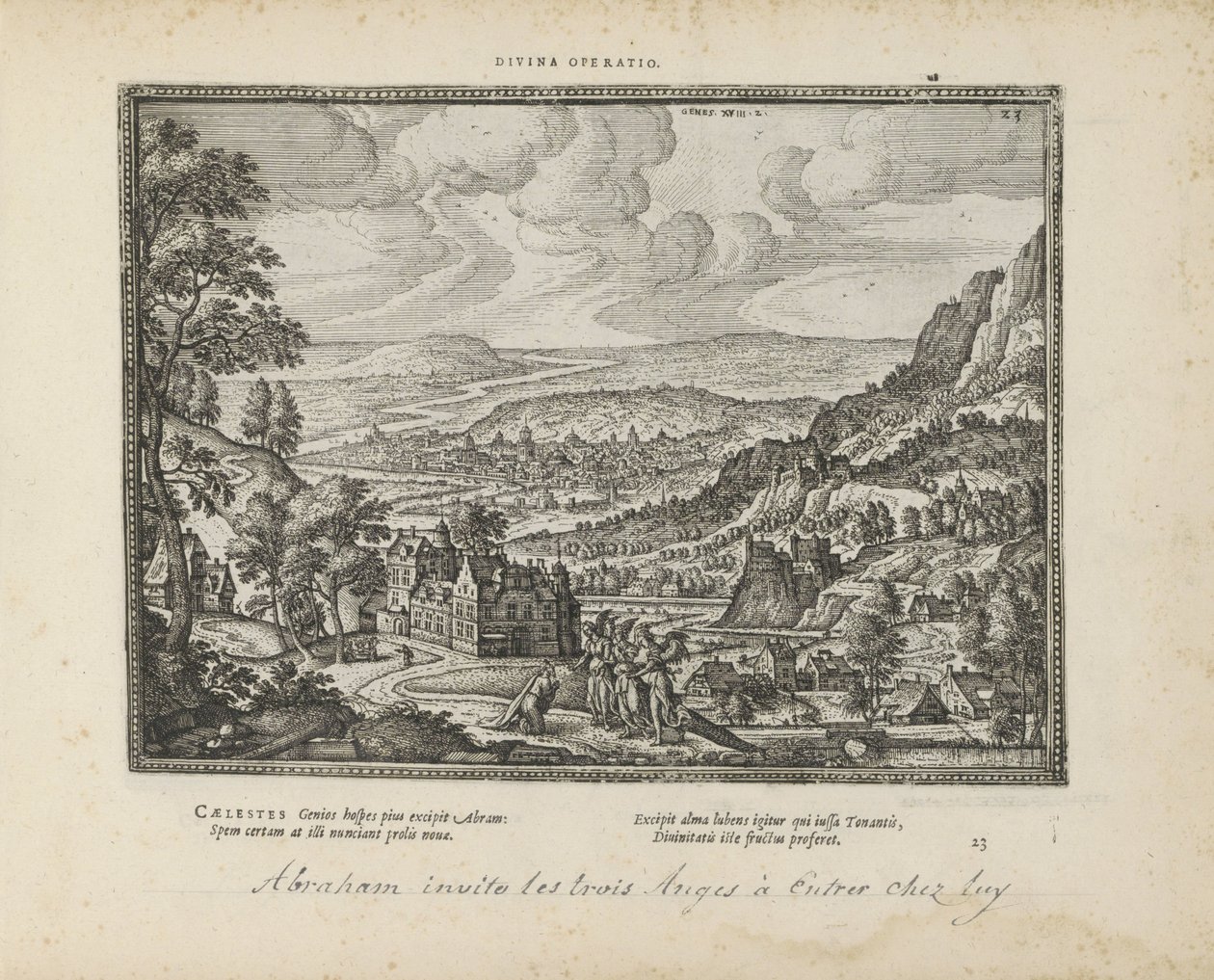 Landschap conheceu Abraham en de drie engelen Operação divina (título no objeto) Os Emblemas Sagrados e as Principais Histórias de Ambos os Testamentos (Oude Testament) (título da série) Imagens e figuras de livros (título da série) de Pieter van der Borcht (I)