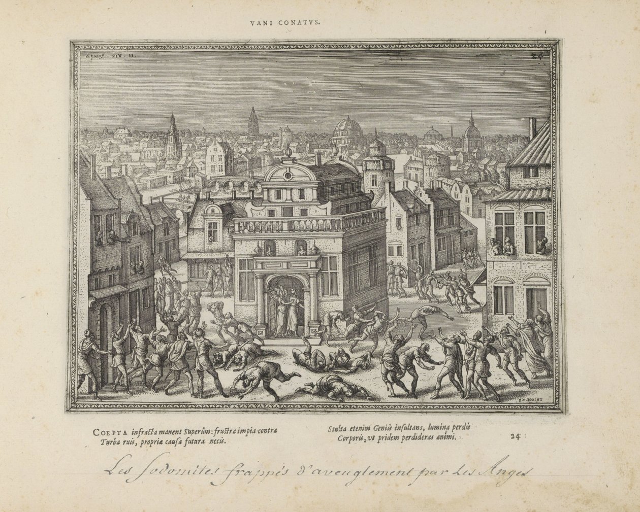 Mannen van Sodom met blindheid geslagen
Vani conatus (título sobre o objecto)
Emblemata Sacra è praecipuis utriusque testamenti utriusque historiis concinnata (Testamento Oude) (título da série)
Imagines et figurae bibliorum (título da série) de Pieter van der Borcht (I)