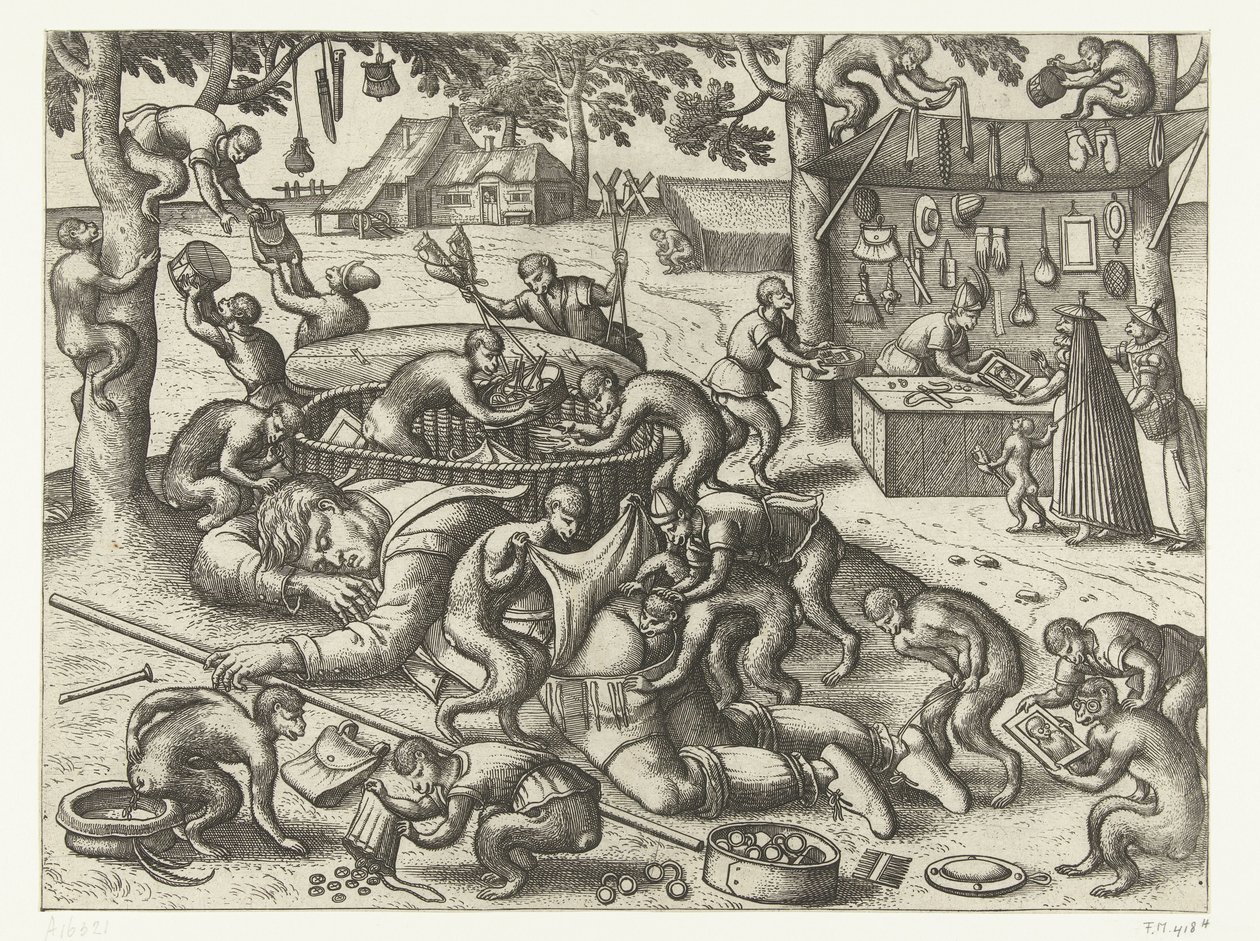 Vendedor ambulante adormecido assaltado por macacos
Jogo do macaco (título da série) de Pieter van der Borcht (I)