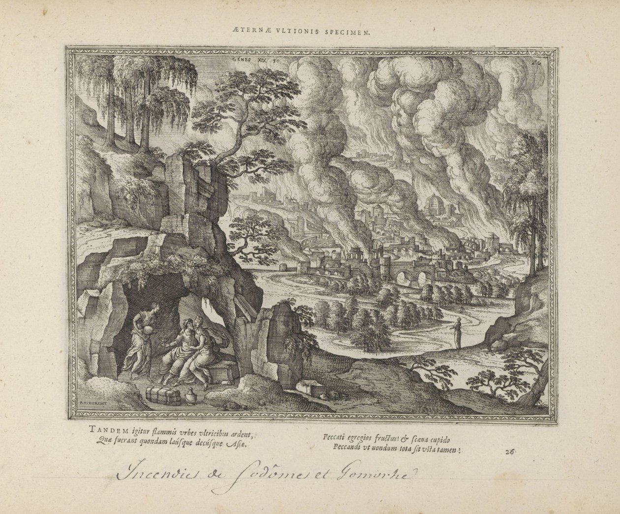 Vernietiging van Sodom em Gomorra / Lot en zijn dochters Eterno monumento da justiça (título no objeto) Os Emblemas Sagrados e as Principais Histórias de Ambos os Testamentos (Oude Testament) (título da série) Imagens e figuras de livros (título da série) de Pieter van der Borcht (I)