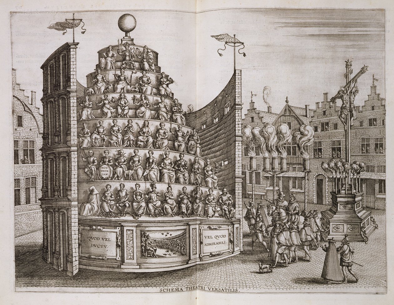 Ilustração que descreve um teatro móvel, a partir da história histórica de começar a inauguração ... &39;por Bochius, Plantin Press, 1602 de Pieter van der Borcht