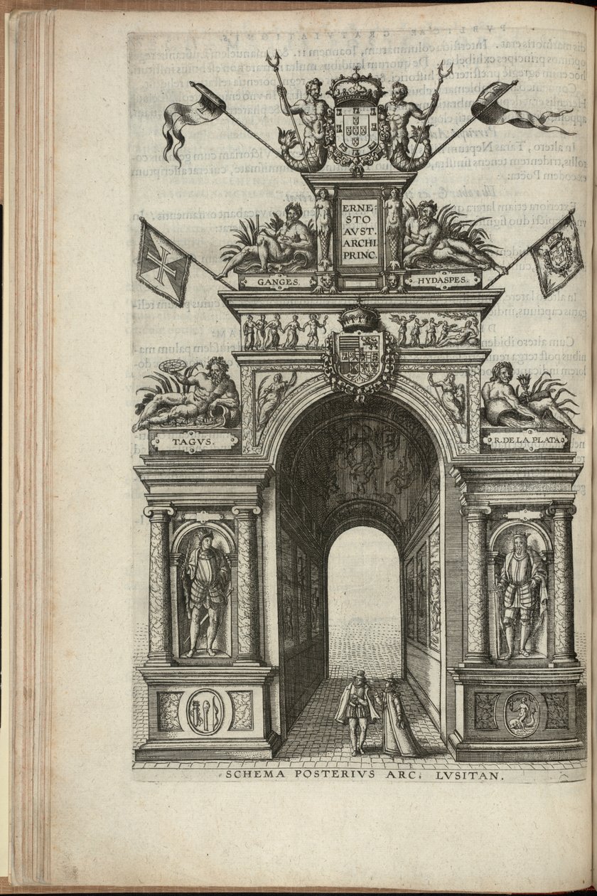 Rios Tejo, Prata, Ganges e Hydaspes. A face posterior do arco triunfal português, Entrada de Ernst, Arquiduque da Áustria, em Antuérpia, publicado 1595 (gravura) de Pieter van der Borcht