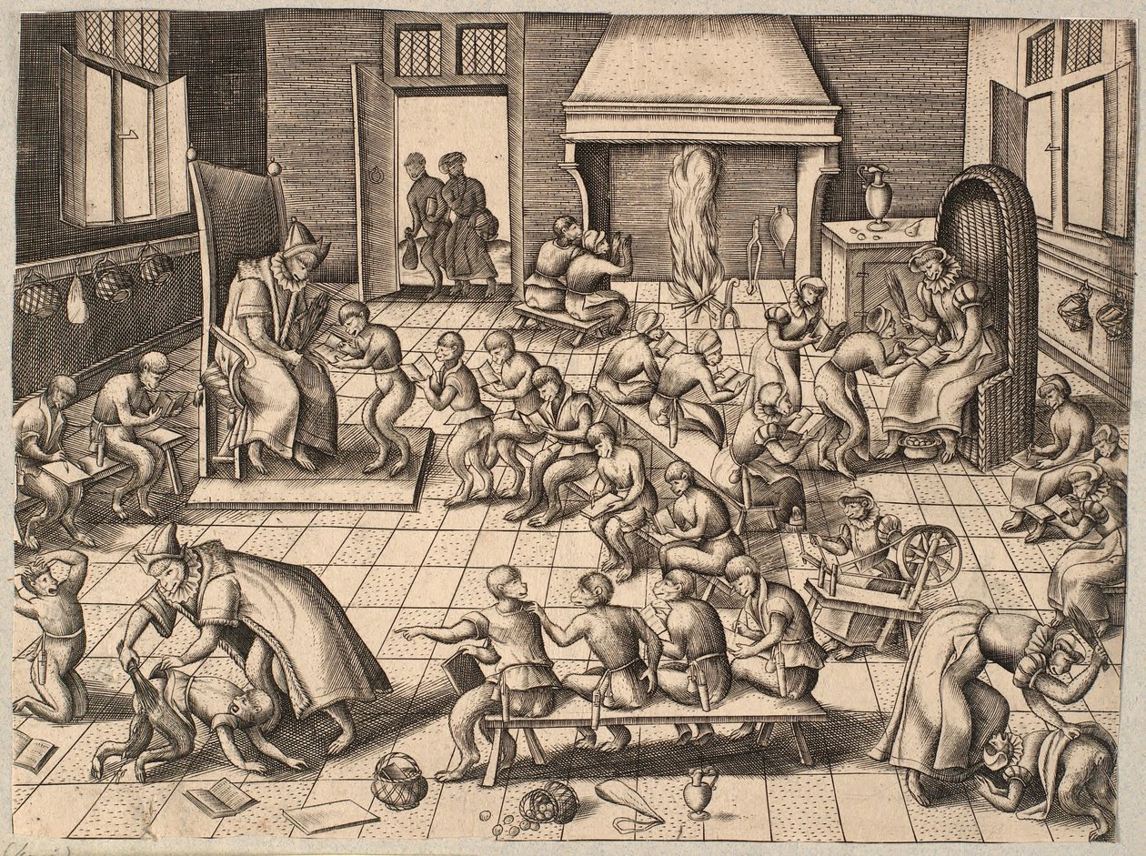 A sala da escola. Macacos sendo ensinados e criados em uma sala de aula de Pieter van der Borcht