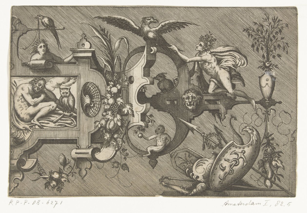 Metade direita de uma grande cartucheira representando a Noite
Compertimenta pictoriis flosculis manubiisque... (título da série) de Pieter van der Heyden