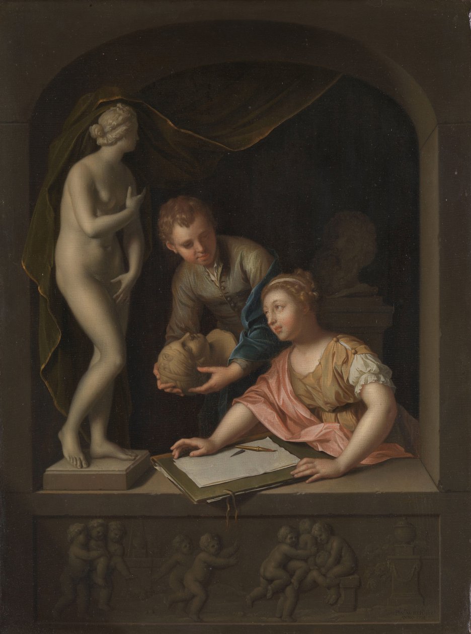 Uma menina desenhando e um menino perto de uma estátua de Vênus Uma estátua de Vênus, com uma menina desenhando e um menino de Pieter van der Werff
