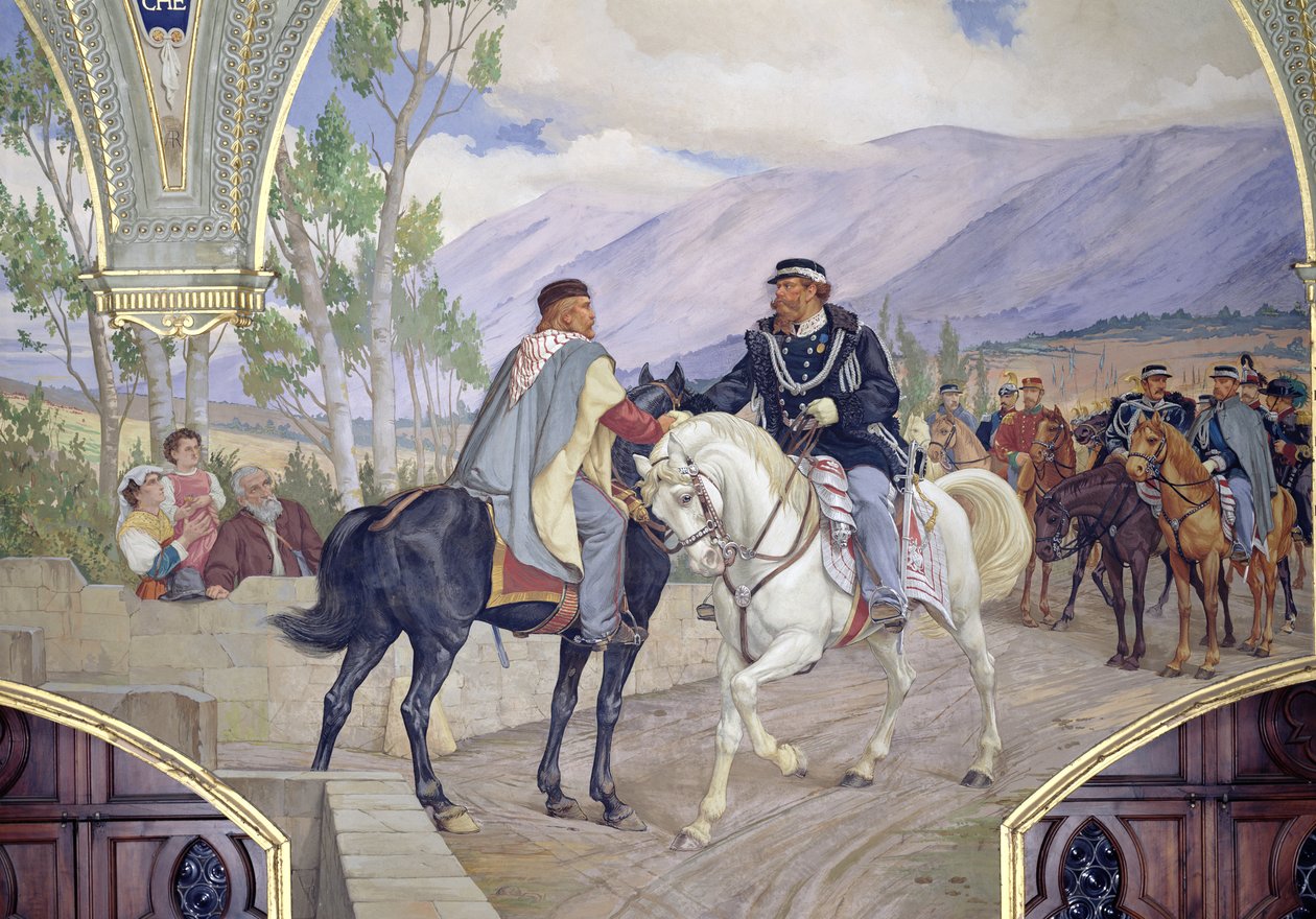 O Encontro entre Giuseppe Garibaldi (1807-82) e o Rei Vittorio Emanuele II (1820-1878) no dia 26 de outubro de 1860 em Teano, Itália, detalhe dos dois líderes agitando as mãos, 1886 (detalhe de de Pietro Aldi