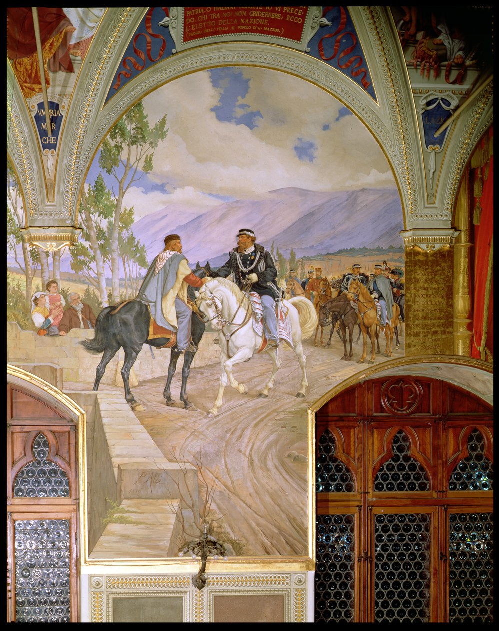 O Encontro entre Giuseppe Garibaldi (1807-82) e o Rei Vittorio Emmanuele II (1820-78) no dia 26 de outubro de 1860 em Teano, Itália, 1886 de Pietro Aldi