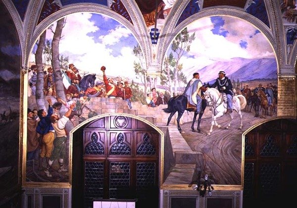 O Encontro entre Giuseppe Garibaldi (1807-82) e o Rei Vittorio Emanuele II (1820-1878) no dia 26 de outubro de 1860 em Teano, Itália, 1886 (para detalhes ver 106238) de Pietro Aldi