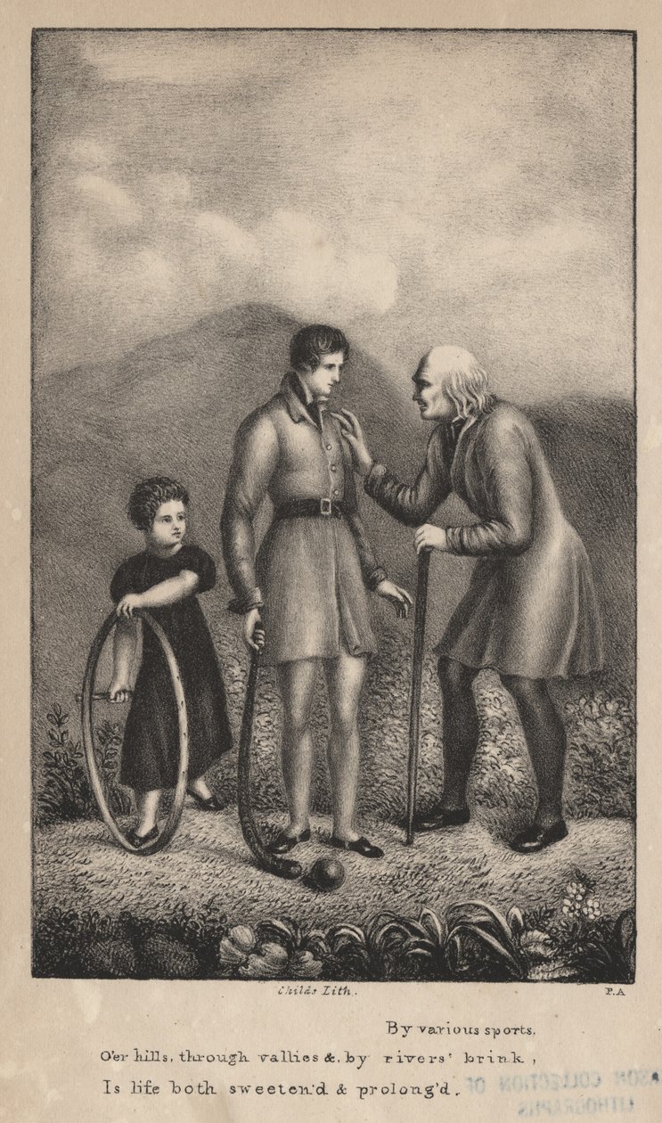 Por vários esportes, oer as colinas, através dos vales e beira do rio, é a vida doce e prolongada, litho por CG Childs de Pietro Ancora