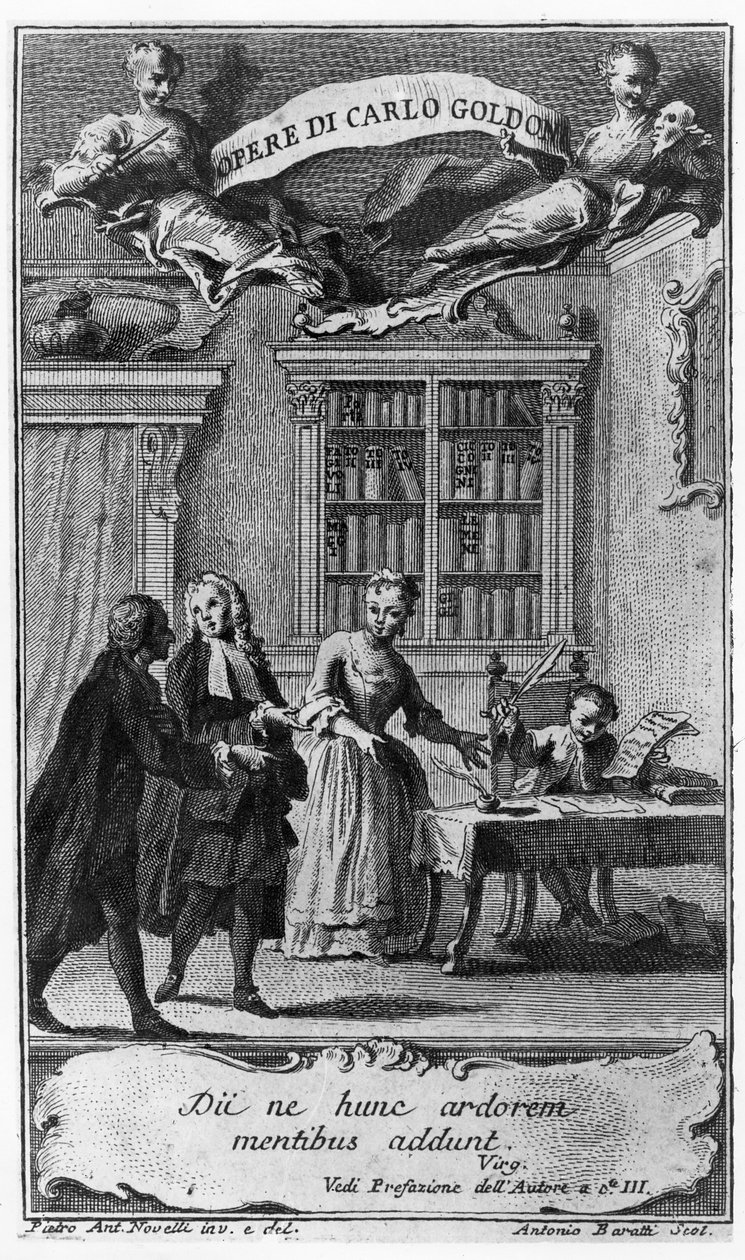 Carlo Goldoni, de 8 anos, escreve sua primeira peça na presença de sua mãe e do abade de Bergamasco, de &39;Opere di Carlo Goldoni&39;, gravada por Antonio Baratti, 1761 de Pietro Novelli