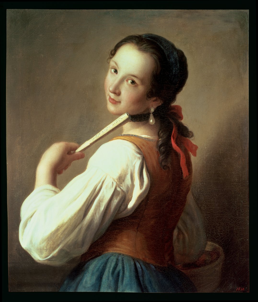 Menina jovem, desgastar, um, brinco pérola de Pietro Antonio Rotari