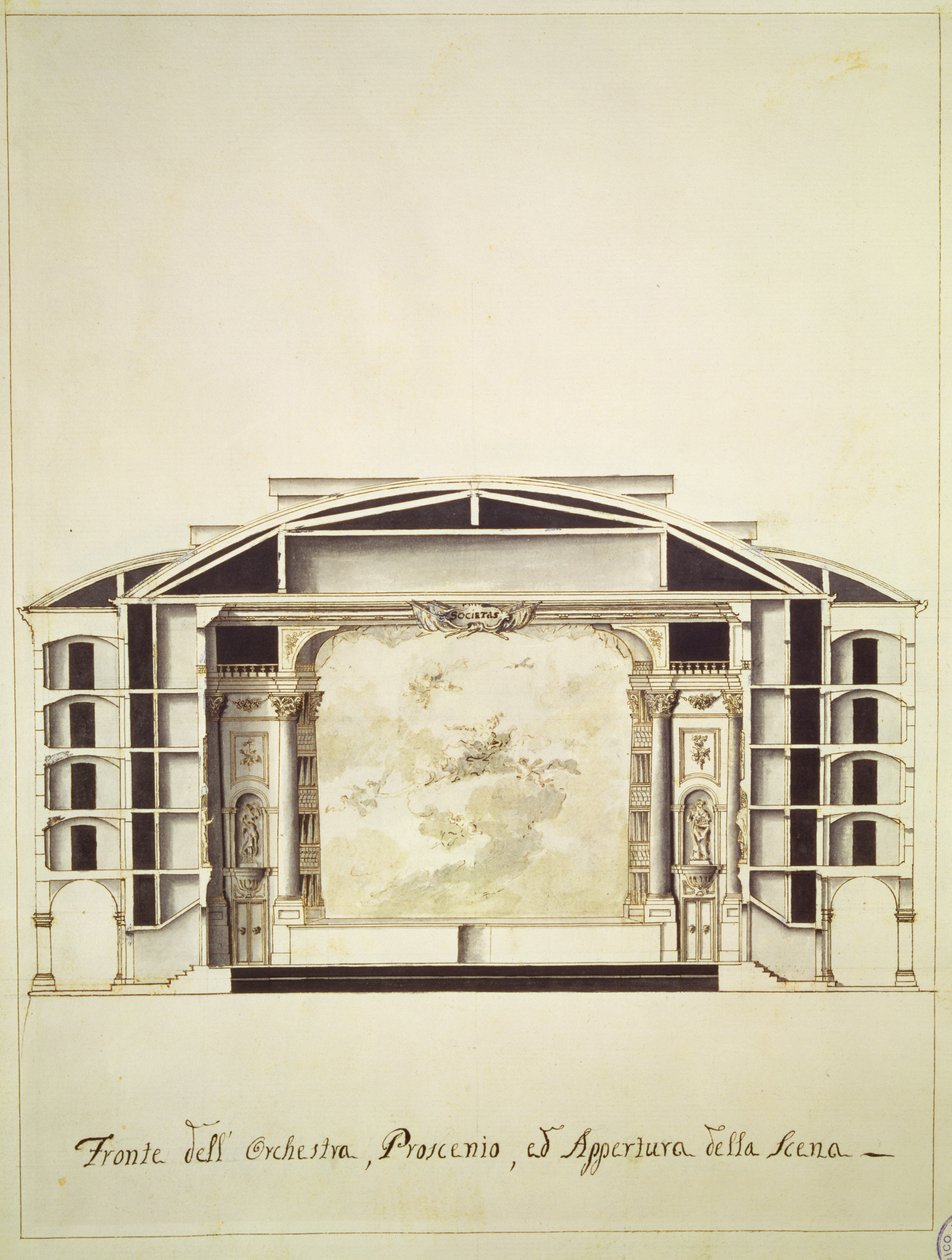 Seção transversal, vista, de, um, teatro, ligado, a, canal grandioso, mostrando, a, fase, e, orquestra, 1787 de Pietro Bianchi