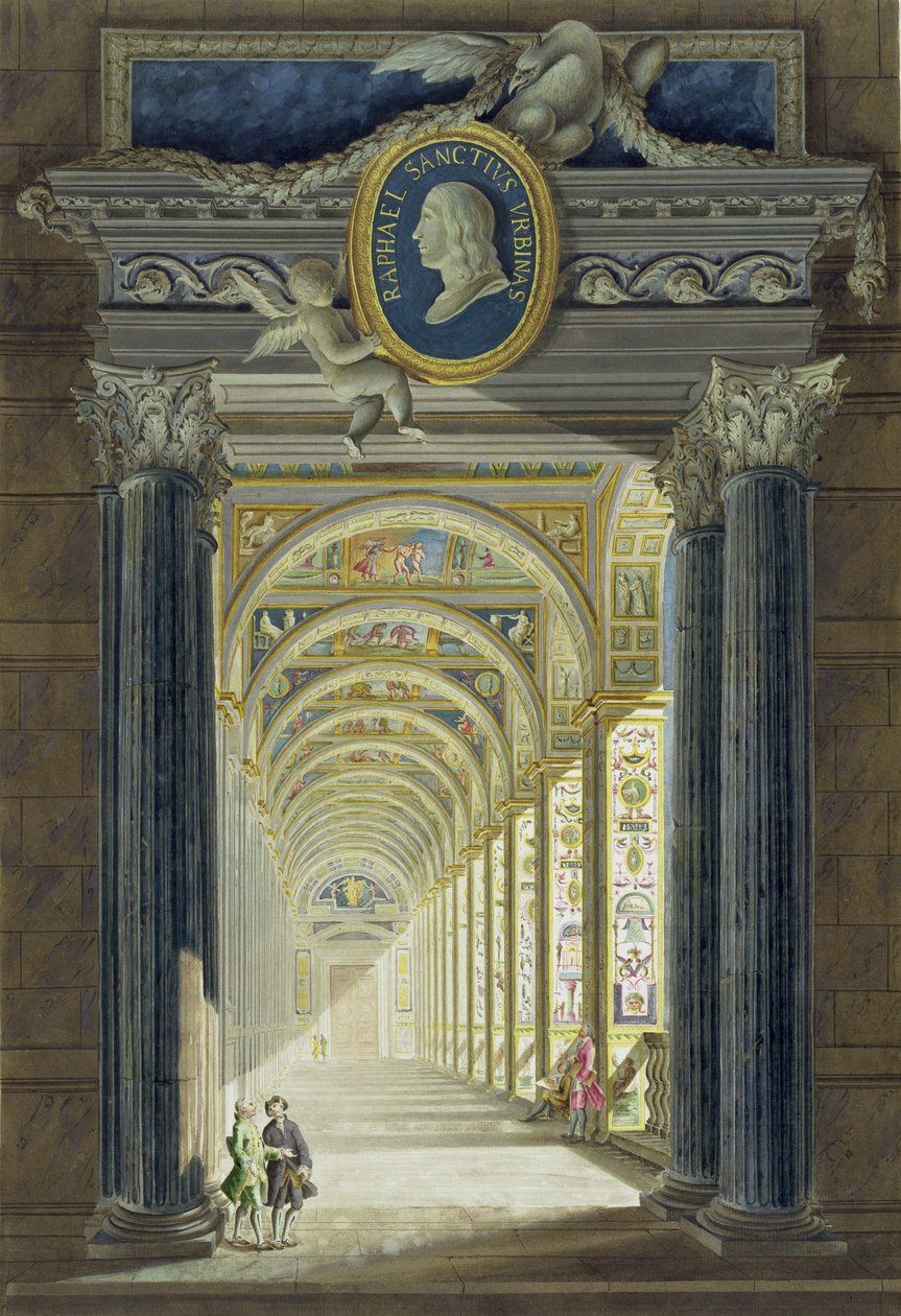 Frontispício com um retrato de medalhão de Rafael (1483-1520), de Delle Loggie por Rafael no Vaticano, gravado por Giovanni Volpato (1735-1803), publicado c.1772-77 (gravura colorida à mão) de Pietro Camporesi