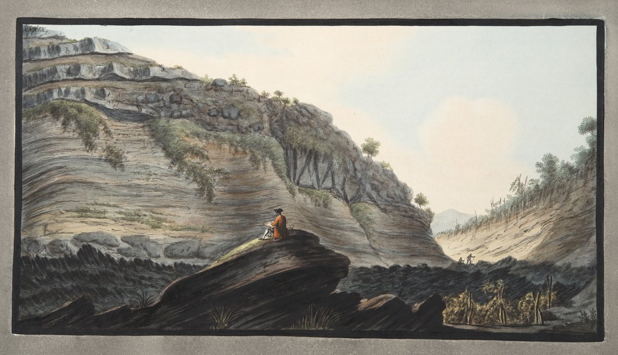 Vista interior de um dos caminhos ocos mais profundos cortados pelas torrentes da água da chuva nos flancos do Monte Vesúvio, placa XXXIX, de &39;Campi Phlegraei: Observações sobre os vulcões das duas Sici de Pietro Fabris