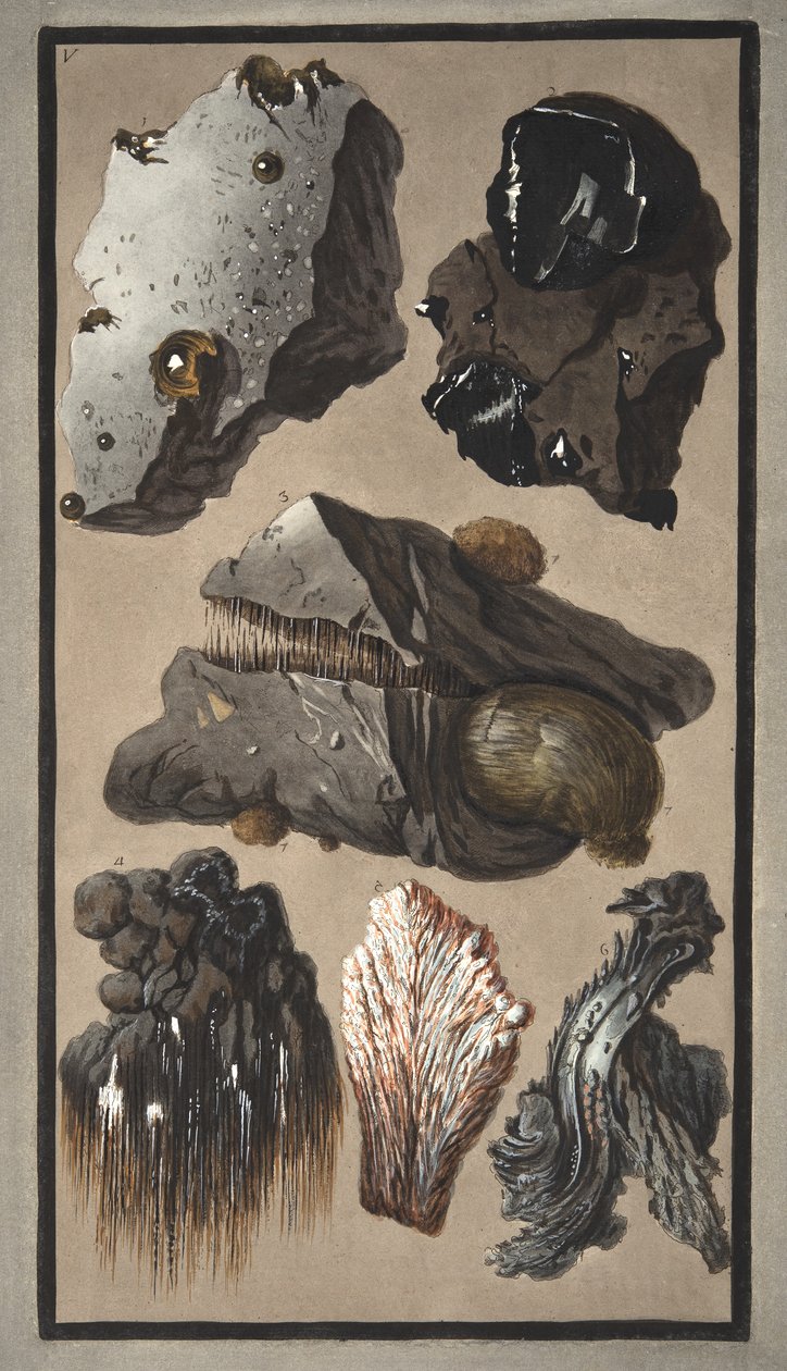Espécimes de matéria vulcânica, de &39;Campi Phlegraei: Observações sobre os vulcões das Duas Sicílias&39;, de Sir William Hamilton (1730-1803), publicado em 1776 (gravura colorida à mão) de Pietro Fabris