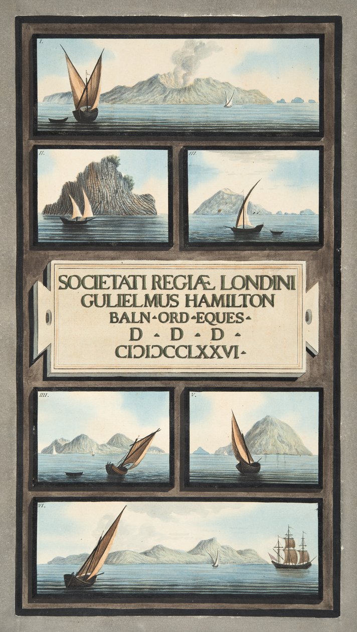 Página de rosto e frontispício de &39;Campi Phlegraei: Observações sobre os vulcões das Duas Sicílias&39;, de Sir William Hamilton, publicado em 1776 (gravura colorida à mão) de Pietro Fabris