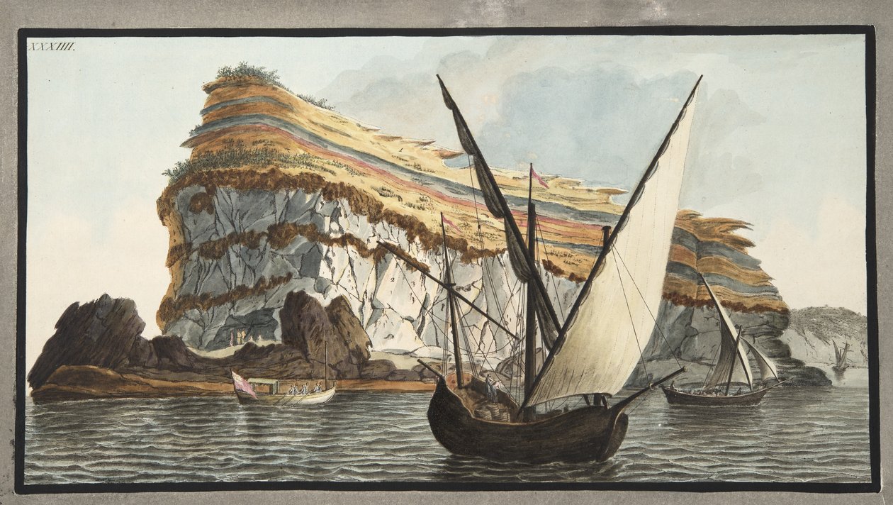 Vista do mar do promontório, Capo dell&39;Arco na ilha de Ventotiene, placa XXXI, de &39;Campi Phlegraei: Observações sobre os vulcões das Duas Sicílias&39;, de Sir William Hamilton (1730-1818) de Pietro Fabris