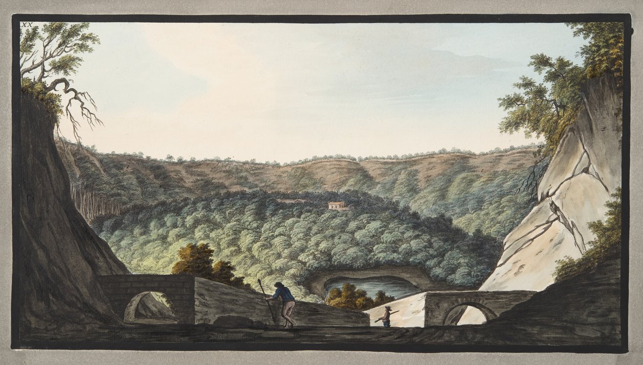 Vista na cratera de Astruni tirada do local representado na Placa XIX; Ilustração XX, de &39;Campi Phlegraei: Observações sobre os vulcões das Duas Sicílias&39;, de Sir William Hamilton (1730-1803), de Pietro Fabris
