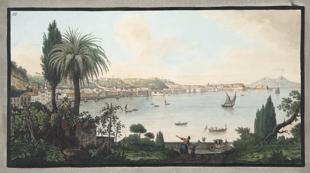 Vista de Nápoles tirada de Pausilipo, placa III, de &39;Campi Phlegraei: observações sobre os vulcões das duas Sicílias&39;, por Sir William Hamilton (1730-1803), publicado em 1776 (gravura colorida à mão) de Pietro Fabris