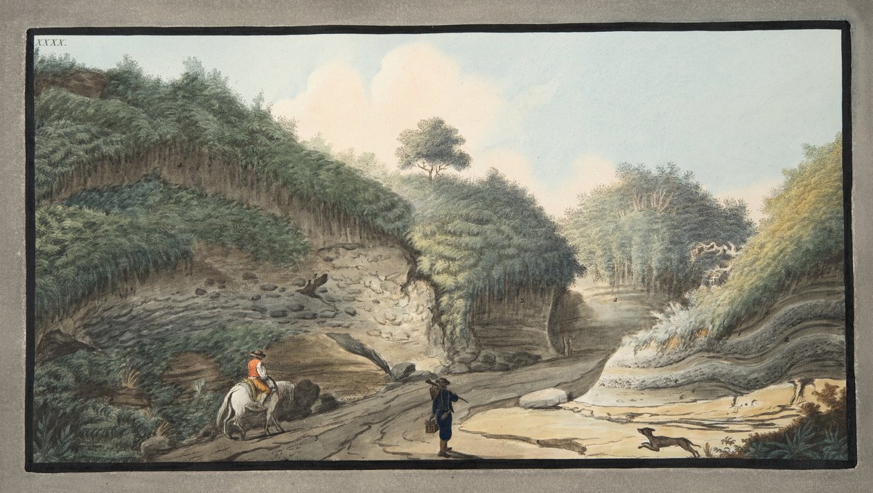 Vista de uma estrada oca que conduz da Gruta de Pausilipo a Pianura, Placa XXXX, de &39;Campi Phlegraei: Observações sobre os vulcões das Duas Sicílias&39;, por Sir William Hamilton (1730-1803), publi de Pietro Fabris