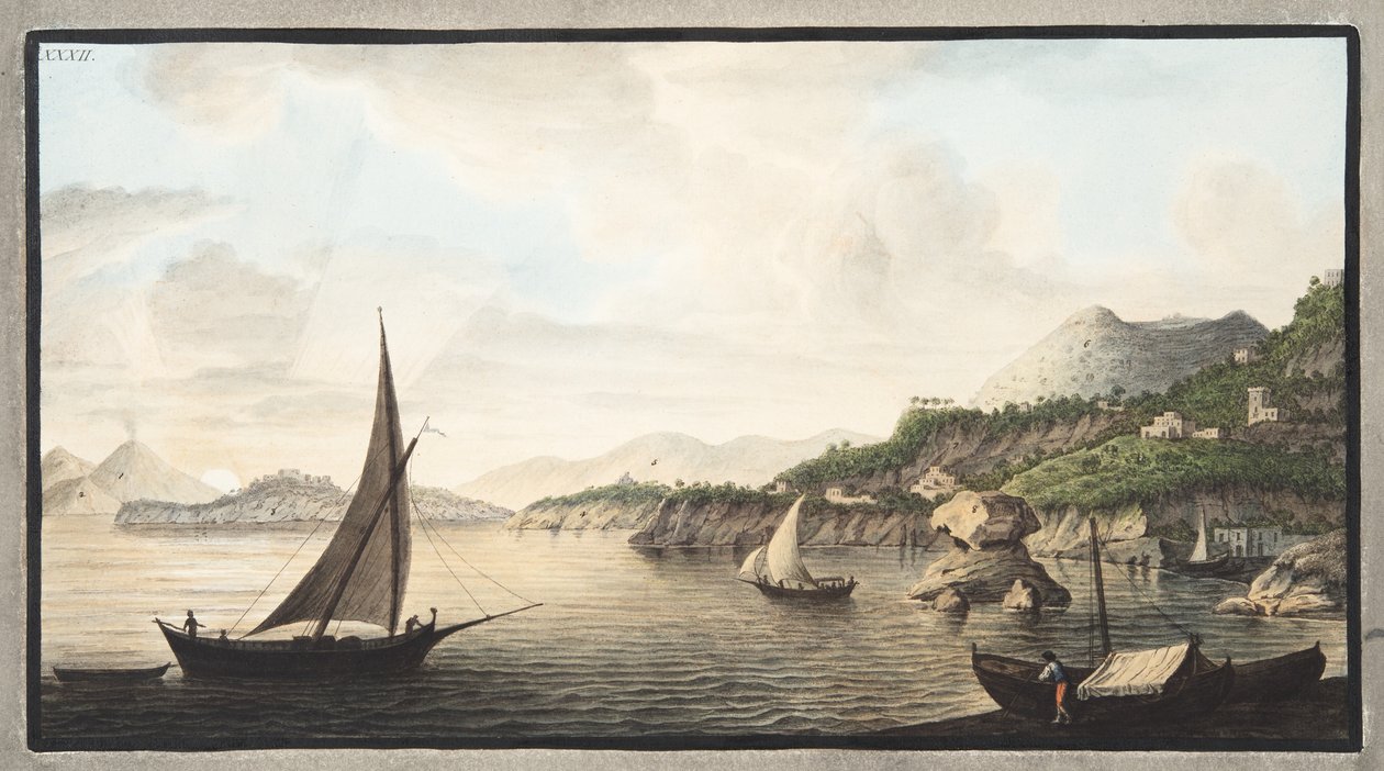 Vista de uma parte da ilha de Ischia chamada Lacco, placa XXXII, de &39;Campi Phlegraei: observações sobre os vulcões das duas Sicílias&39;, por Sir William Hamilton (1730-1803), publicado em 1776 (mão c de Pietro Fabris