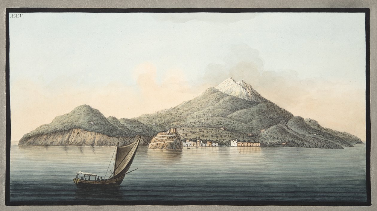 Vista da ilha de Ischia do mar, placa XXX, de &39;Campi Phlegraei: observações sobre os vulcões das duas Sicílias&39;, por Sir William Hamilton (1730-1803), publicado em 1776 (mão engr engrasado de Pietro Fabris
