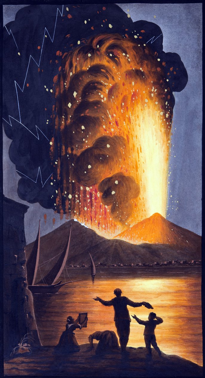 Vista da grande erupção do Monte Vesúvio na noite de domingo, 8 de agosto de 1779, do Palácio de Sua Majestade da Sicília em Pausilipo, de &39;Campi Phlegraei: Observações sobre os vulcões das Duas Sicílias&39; de Pietro Fabris