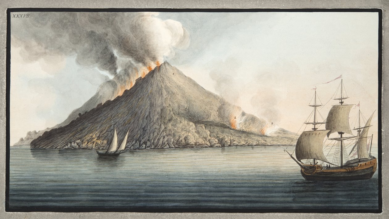 Vista da ilha de Stromboli tomada por Monsieur Fabris, chapa XXXVII, de &39;Campi Phlegraei: Observações sobre os vulcões das Duas Sicílias&39;, de Sir William Hamilton (1730-1803), publicada em 1776 ( de Pietro Fabris