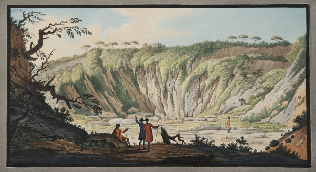 Vista tirada do fundo da Cratera de Monte Nuovo, Placa XXVII, de &39;Campi Phlegraei: Observações sobre os vulcões das Duas Sicílias&39;, de Sir William Hamilton (1730-1803), publicada em 1776 (ha de Pietro Fabris