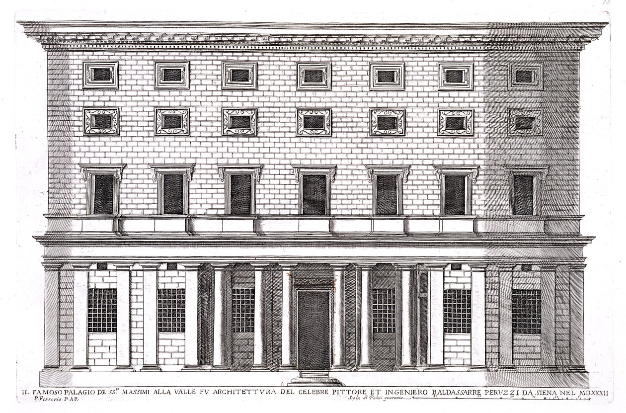 Vista da fachada do Palazzo Massimi alla Valle, Roma, projetada por Baldassarre Peruzzi (1481-1536) em 1532 de Pietro Ferrerio