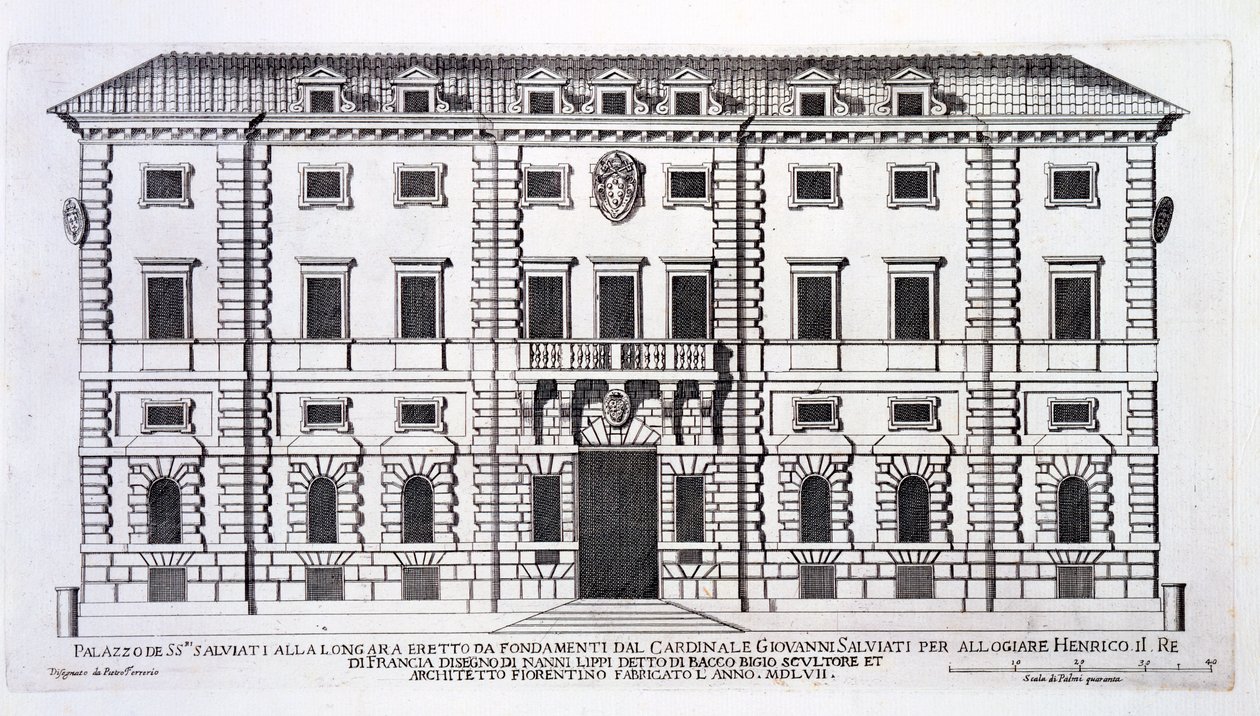 Vista da fachada do Palazzo Salviati em Roma, encomendada pelo Cardeal Giovanni Salviati para abrigar Henrique, rei da França, e projetada por Nanni di Baccio Bigio (dc1568) em 1557 de Pietro Ferrerio