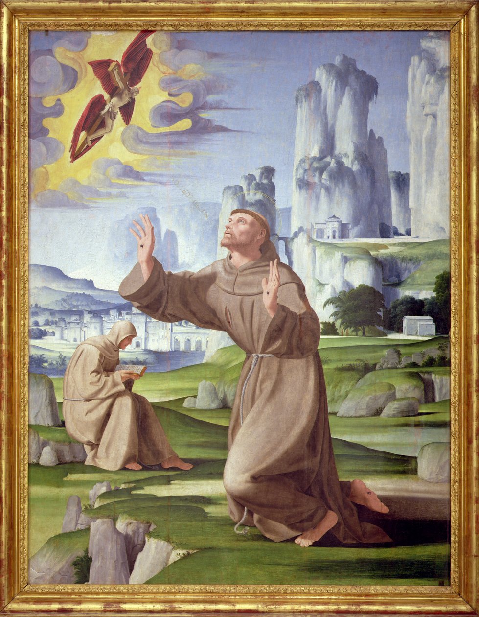 São Francisco Recebendo os Estigmas (tempera no painel) (veja também 59263) de Pietro Francione