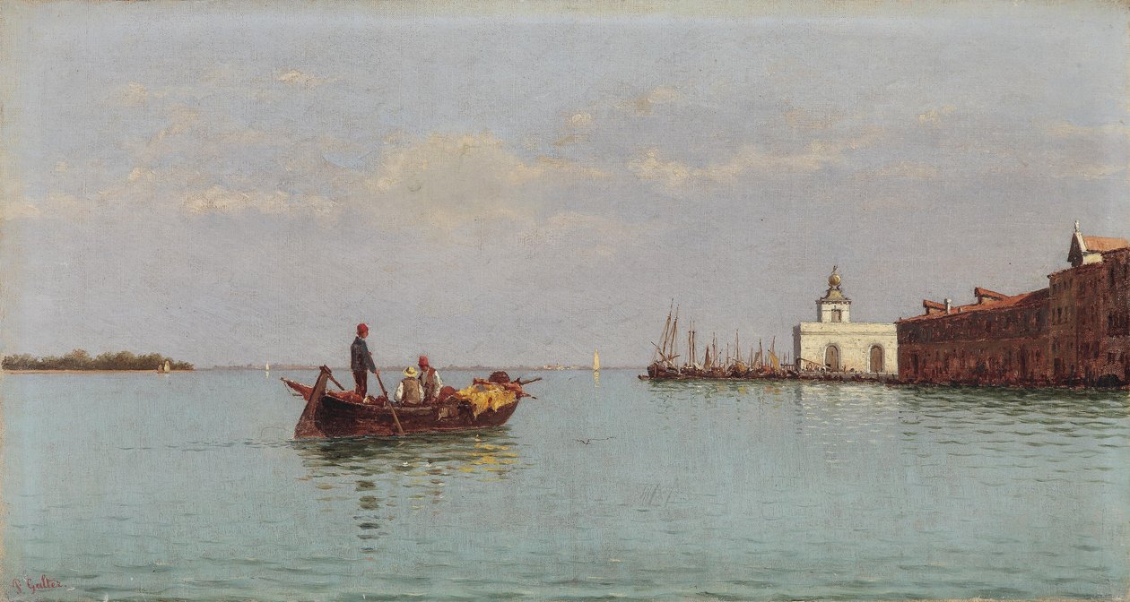 Vista do Punta della Dogana com uma gôndola em primeiro plano de Pietro Galter