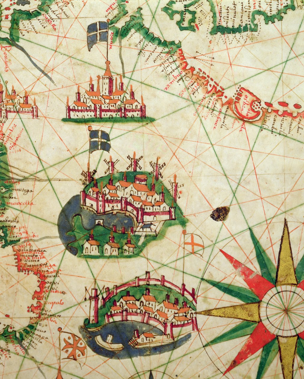 As cidades de Marselha e Gênova com seus portos, de um atlas náutico, 1651 (tinta aveludada) (detalhe de 330919) de Pietro Giovanni Prunes