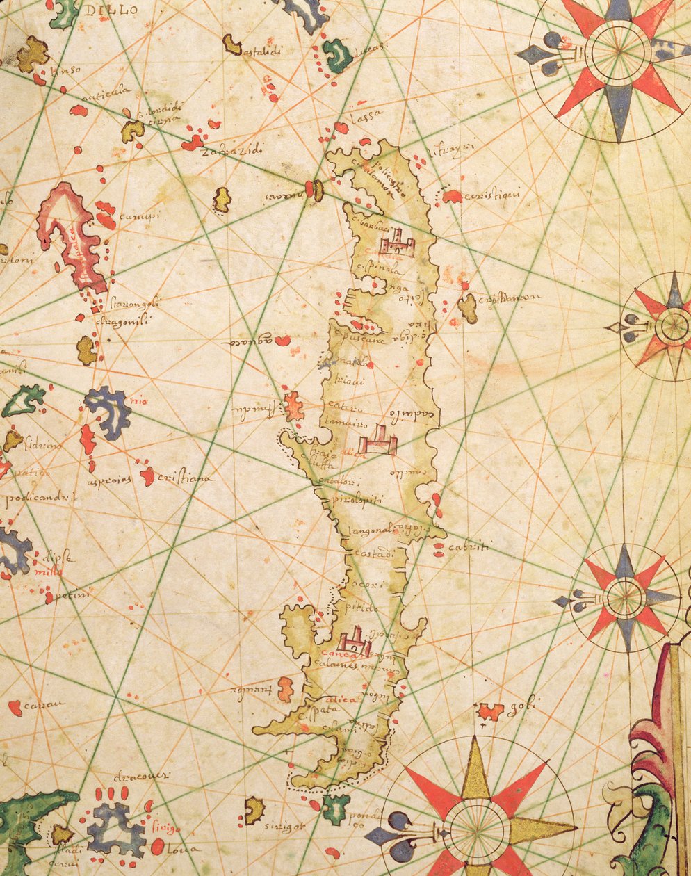 A ilha de Creta, de um atlas náutico, 1651 (tinta a pergaminho) (detalhe de 330925) de Pietro Giovanni Prunes