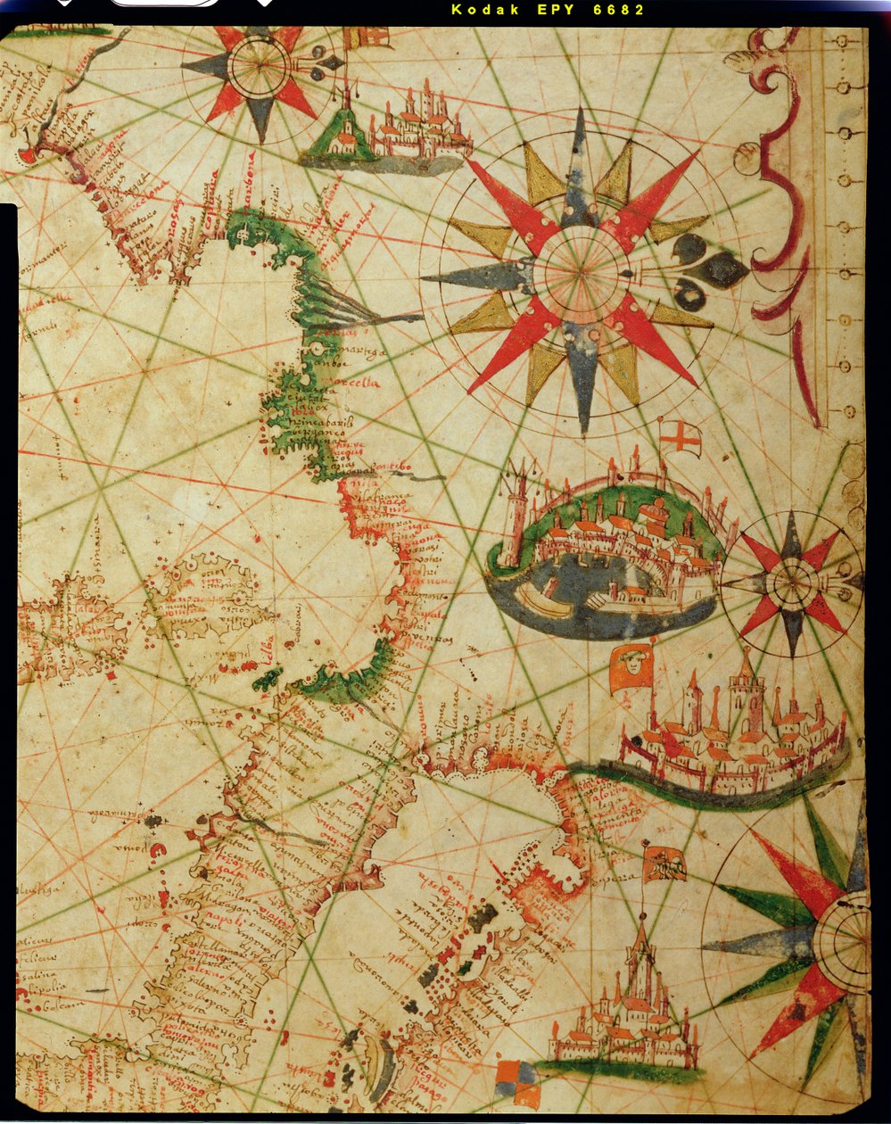 A costa sul da França, Itália e Dalmácia, de um atlas náutico, 1651 (tinta aveludada) (detalhe de 330924) de Pietro Giovanni Prunes