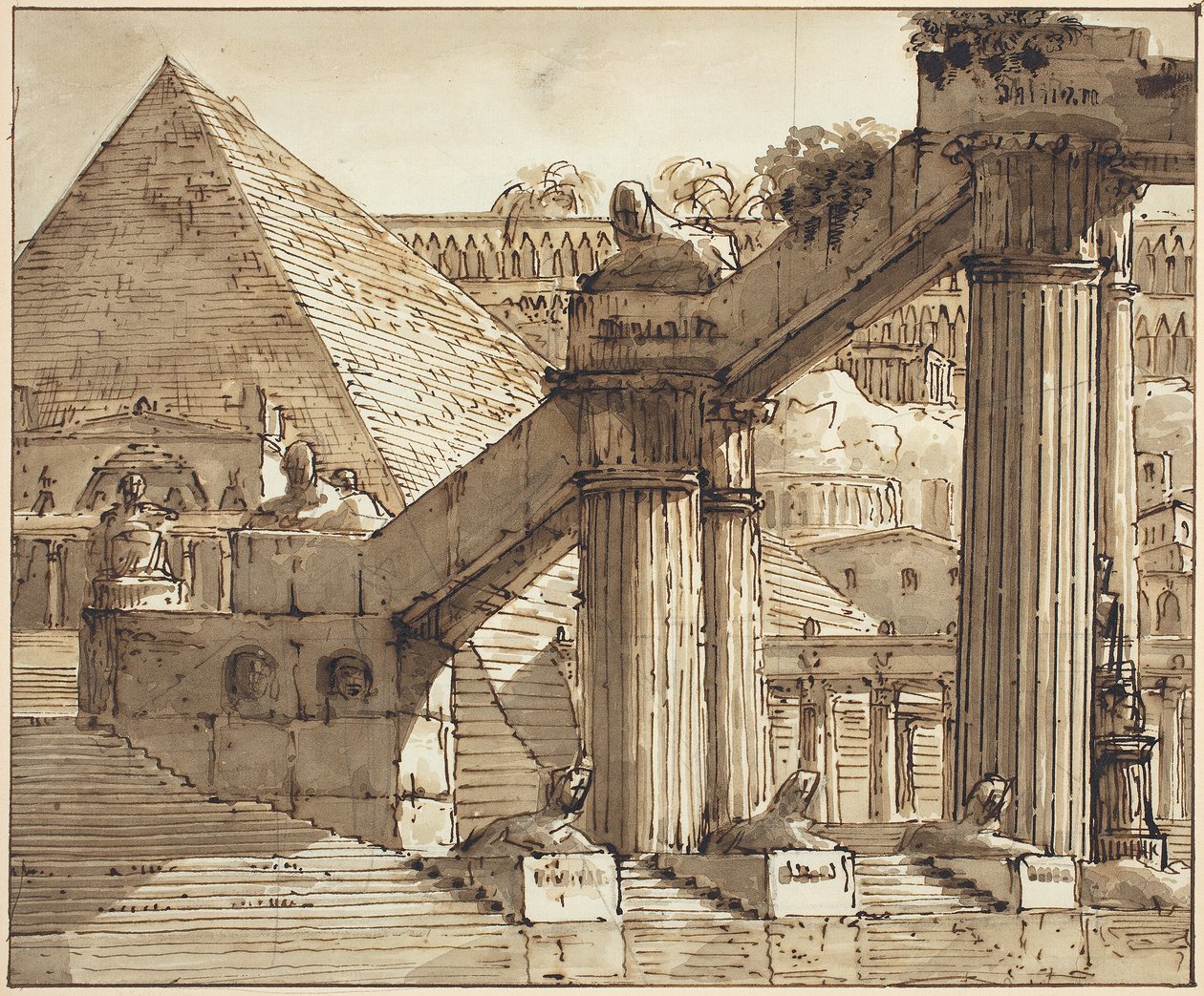Projeto de Palco Egípcio, 1800-10 (caneta e tinta marrom com lavagem marrom sobre grafite sobre papel) de Pietro Gonzaga