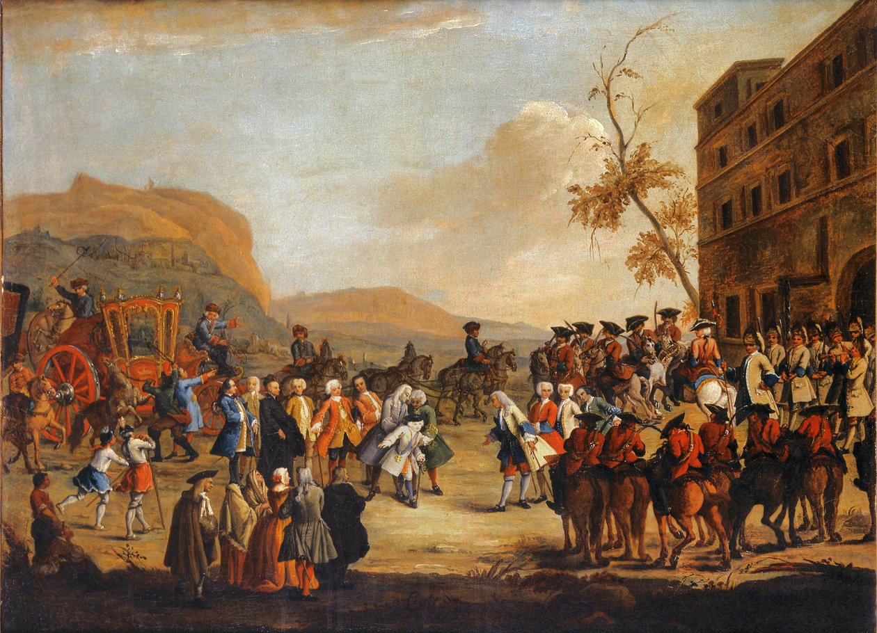 Recepção do príncipe herdeiro Friedrich Christian na fronteira da República de Veneza, 1739 de Pietro Longhi
