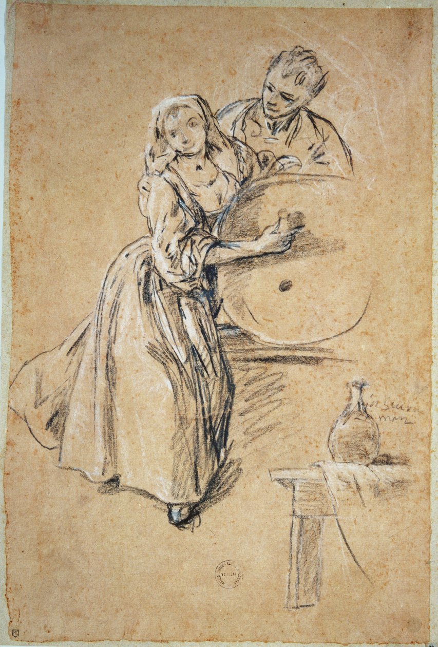 Vinho-pourer com um cartão do homem novo (giz) de Pietro Longhi