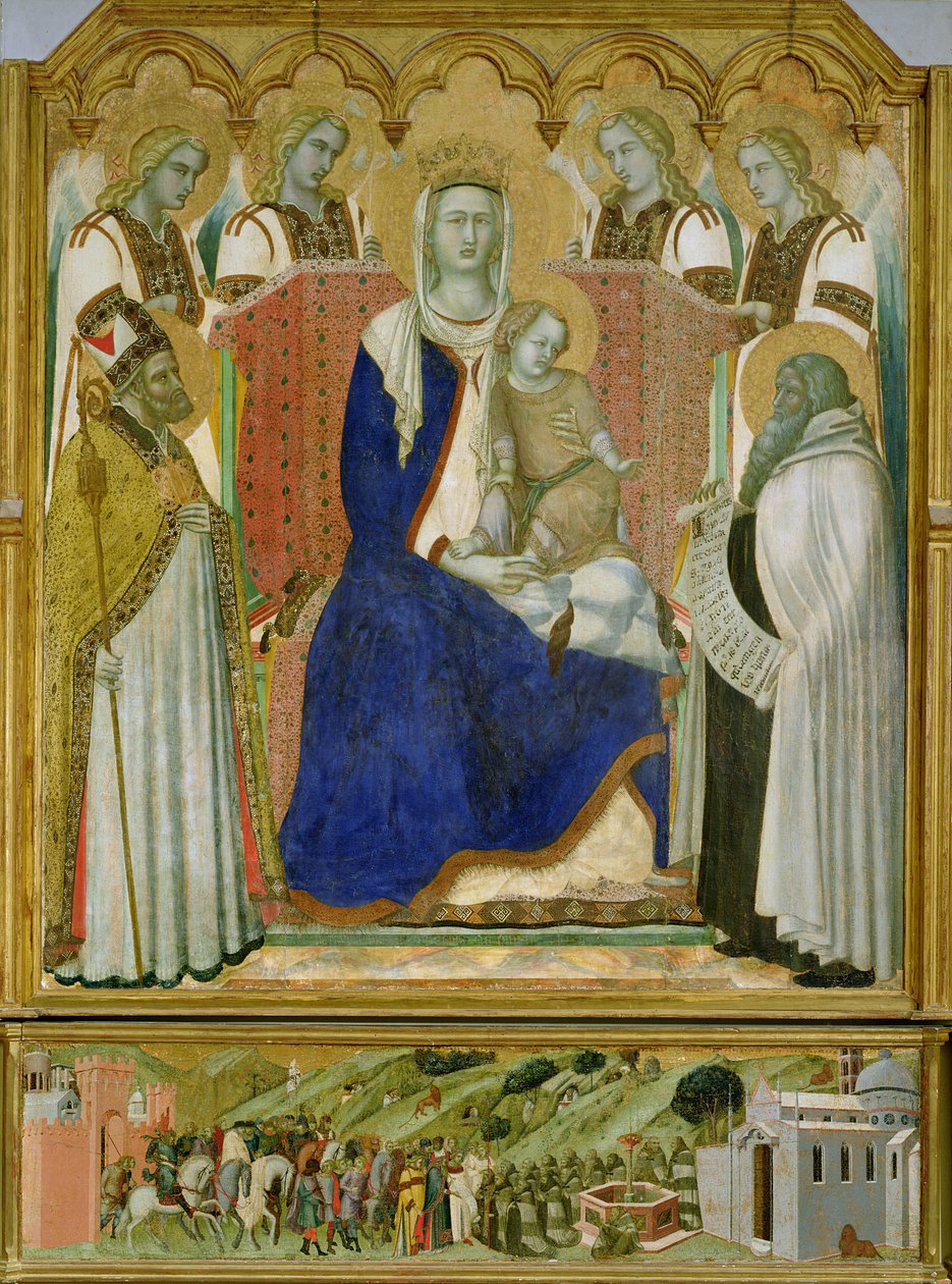 O Retábulo de Carmim, painel central representando a Virgem e o Menino com anjos, São Nicolau e o profeta Elias, 1329 de Pietro Lorenzetti
