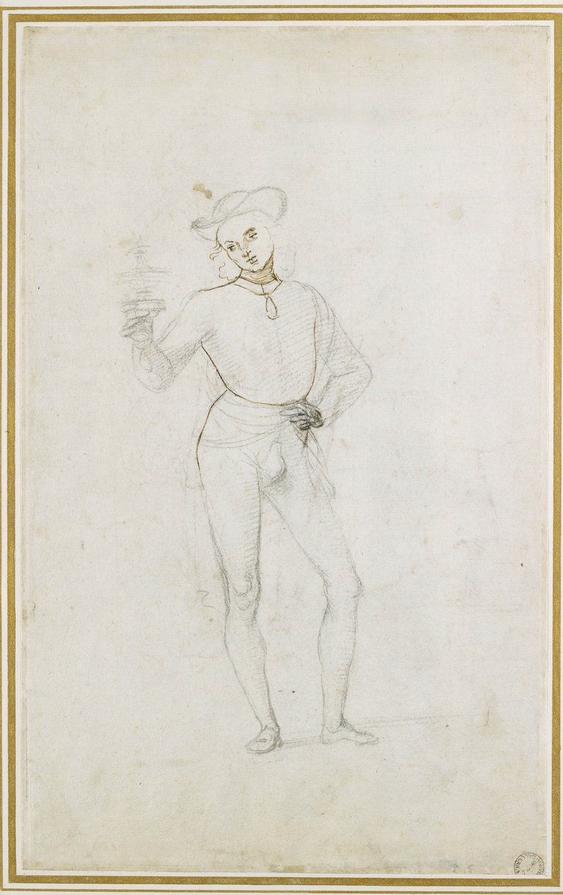 Um Estudo para uma Figura em uma Adoração dos Magos (giz preto com caneta e tinta marrom sobre papel branco) de Pietro Perugino