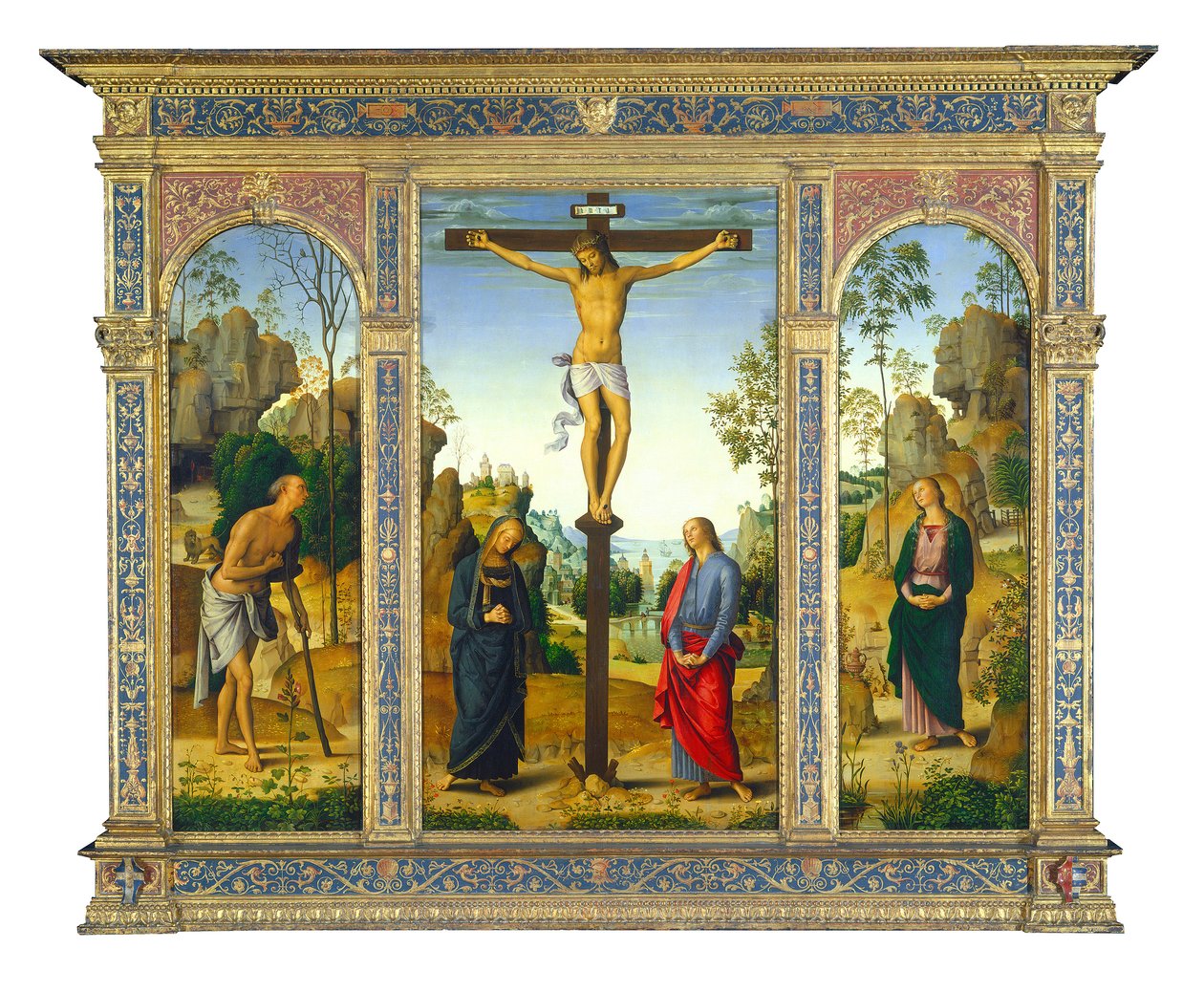 Crucificação com Maria e São João Evangelista e Santa Maria Madalena (à direita) de Pietro Perugino