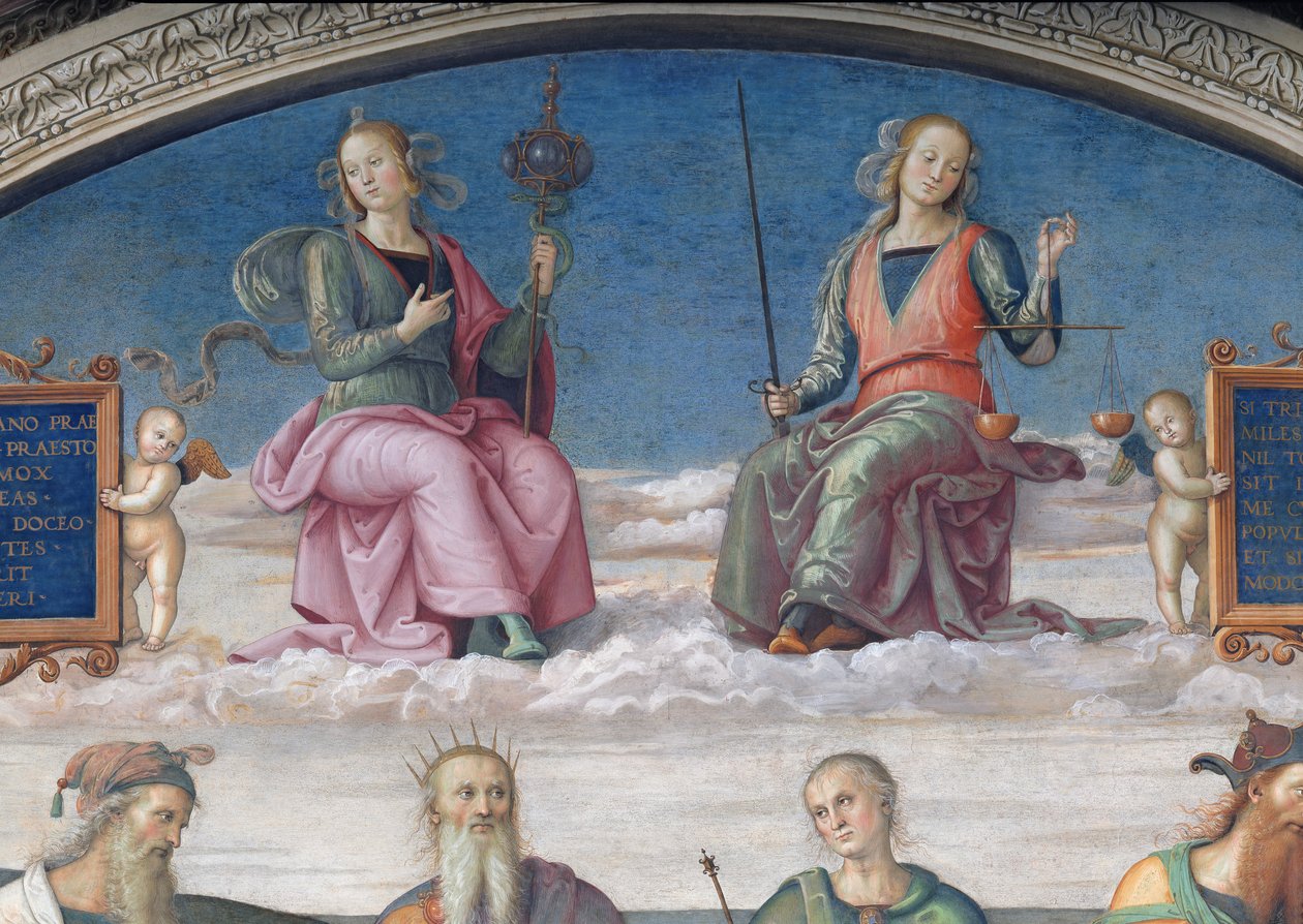 Detalhe de Prudência e Justiça, da Lunette na Sala dell&39;Udienza, 1496-1500 de Pietro Perugino