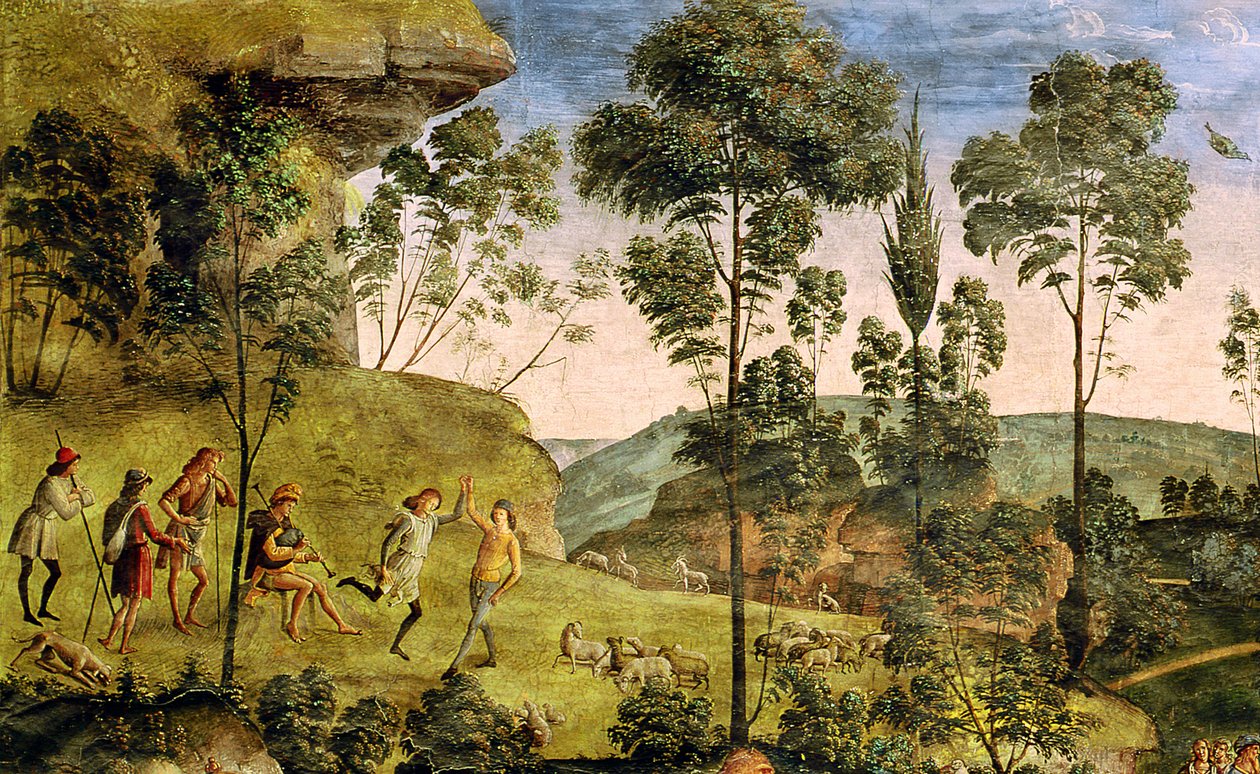 Cabreiros e pastores fazendo música e dançando, detalhe de "A Viagem de Moisés", c.1481-3 (detalhe de 218710) de Pietro Perugino