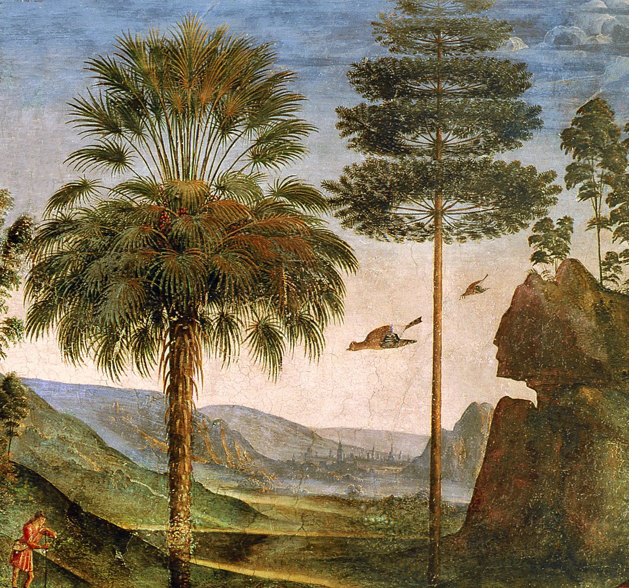 Homem, inclinar-se, um, pessoal, pássaros voando, árvores, pedras, um, lago, e, um, cidade distante, com, spiers, detalhe, de, &39;The, viagem, Moses&39;, c.1481-3, (detail, 218710) de Pietro Perugino